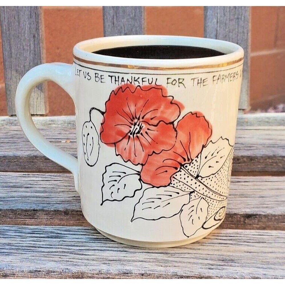 Artables Now & Zen Studio Coffee Mug Tea Let Us Be Thankful Pottery Flowers Gold